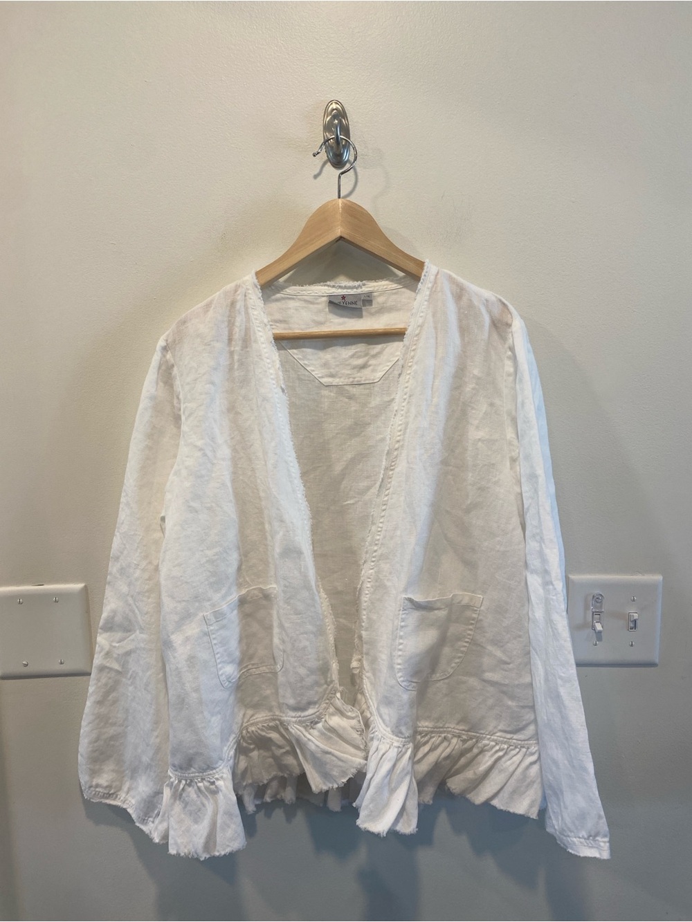Cheyenne open linen shirt front pocket ruffle hem size L/XL lagenlook